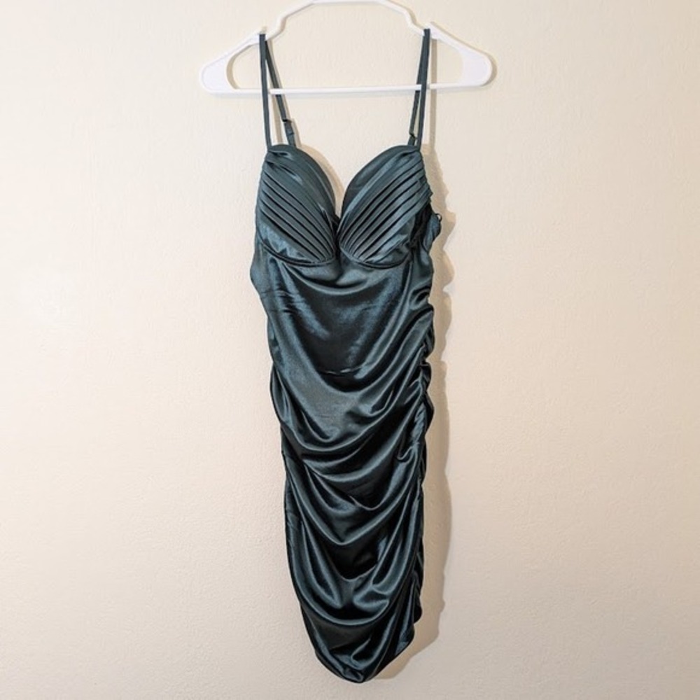 Guess Cocktail Dress Large Forest Green Satin Spaghetti Strap Ruched Bodycon